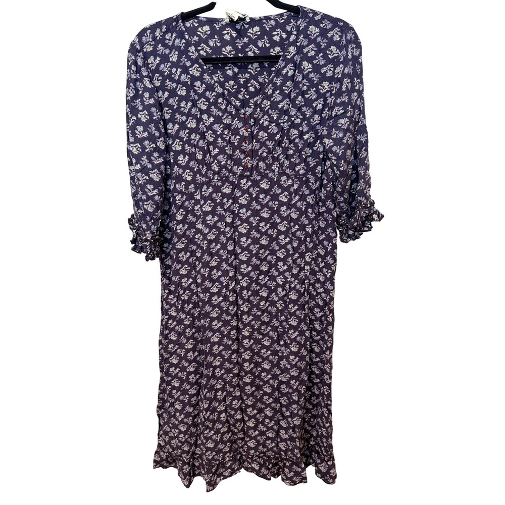 April Cornell Vintage Purple Floral Rayon Midi Dress Ruffle Sleeve V-Neck Large